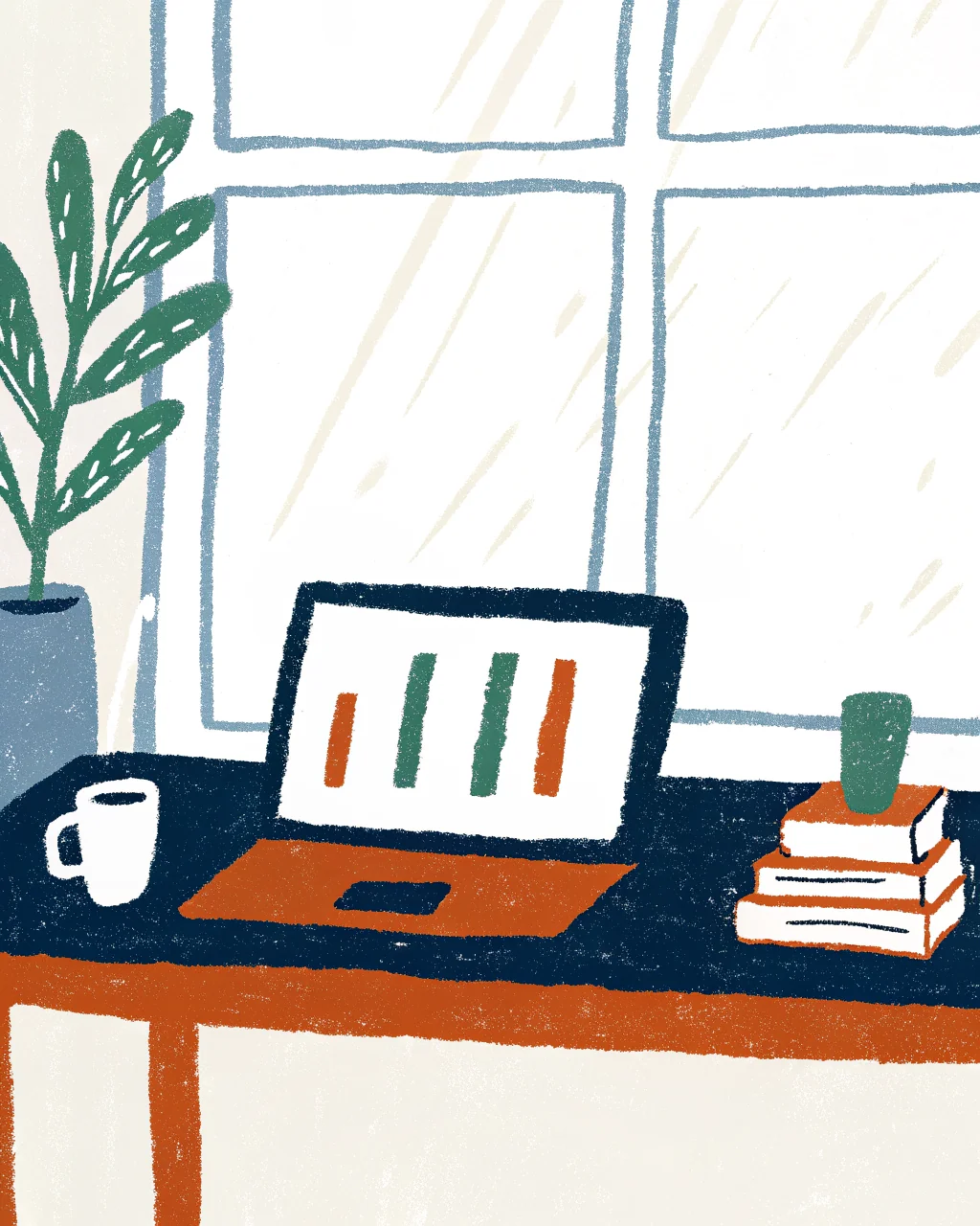 Illustration of a tidy workspace with a laptop showing a custom app dashboard